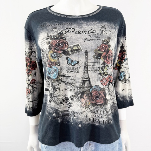 Jess & Jane Black Paris Top Size L Eiffel Tower Rhinestones 3/4 Sleeve Y2K Goth - Picture 1 of 10